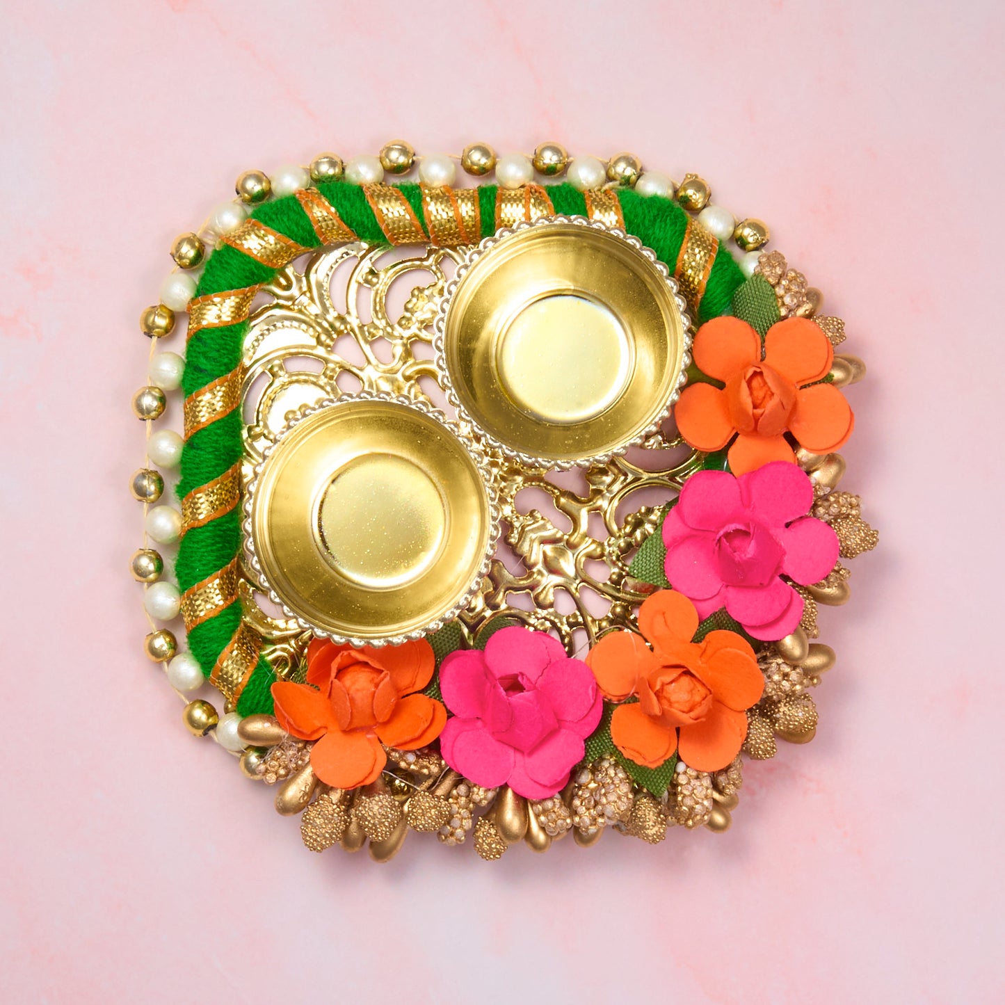 Compact floral roli chawal plate with golden holders for haldi, kumkum or rice – ideal for Rakhi, Diwali or pooja rituals, approx. 9cm wide