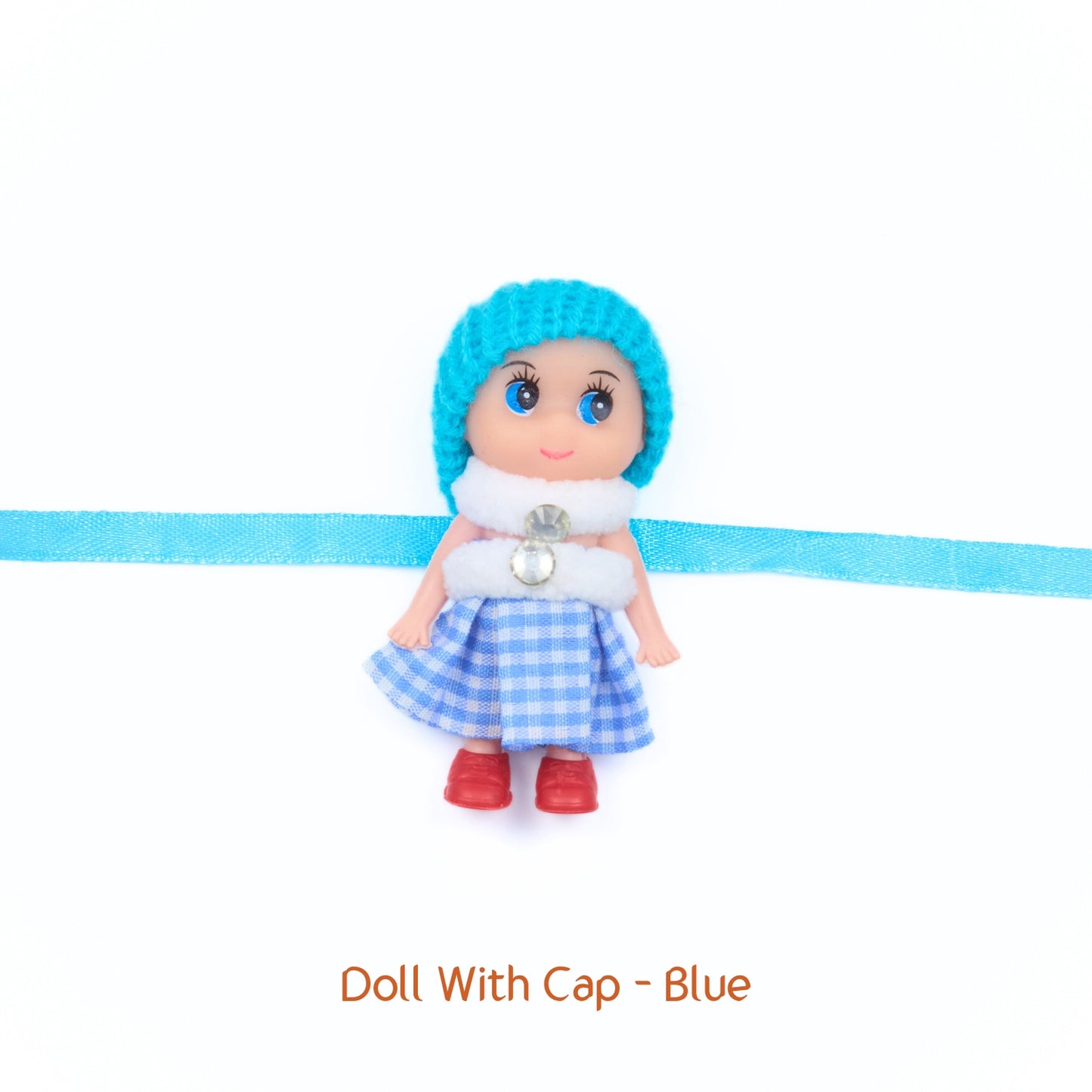 Doll Rakhi with blue knitted cap and checkered dress – online Rakhi delivery across Australia