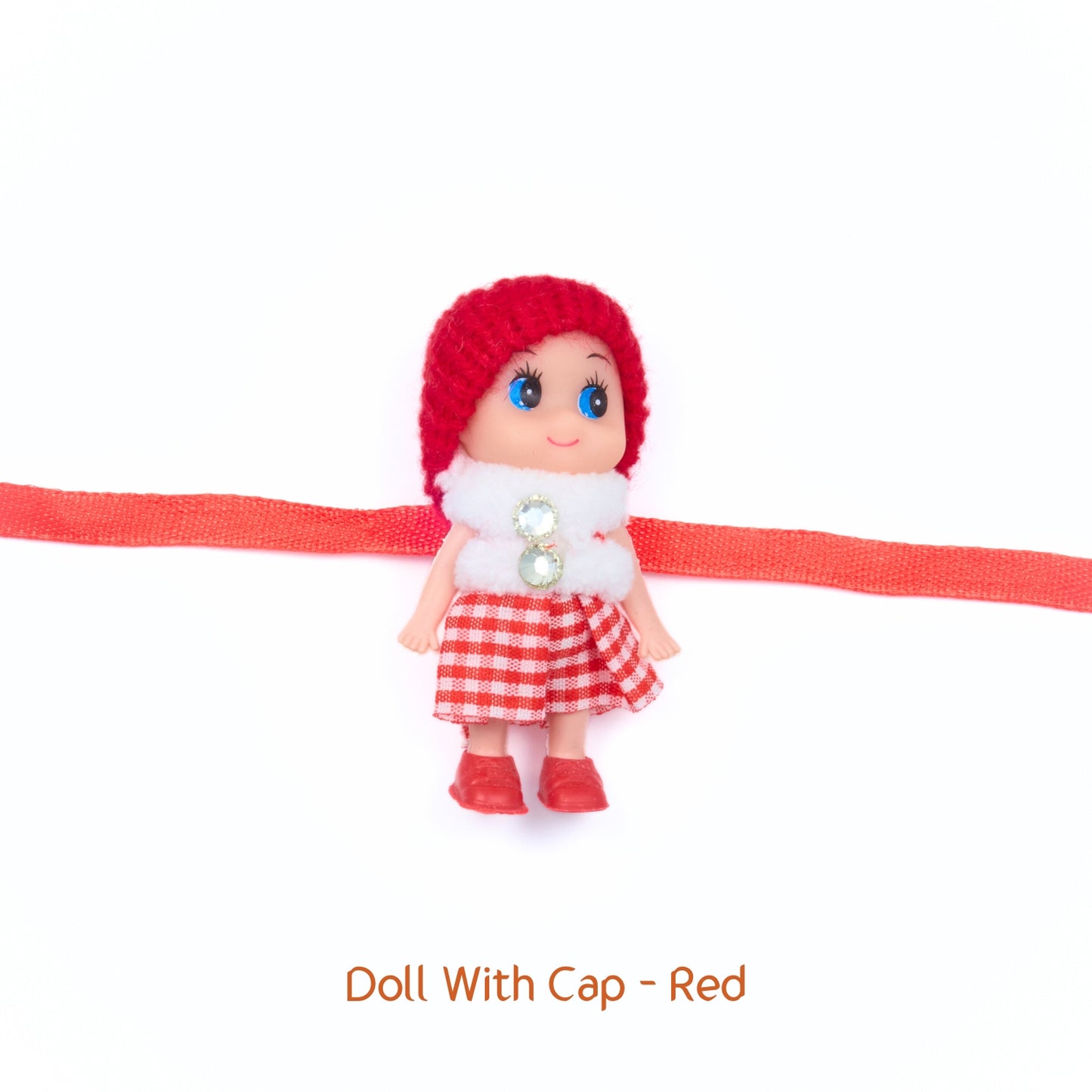 Red cap Doll Rakhi with gingham skirt and red elastic – Rakhi for girls with delivery from Sydney