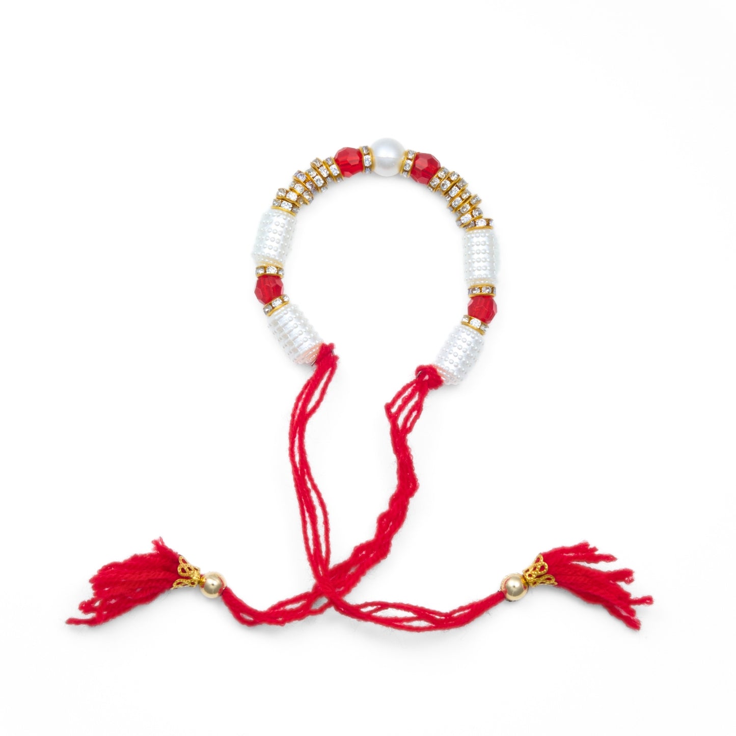 Kada Rakhi for Bhabhi with pearl beads and red thread โ feminine rakhi bracelet