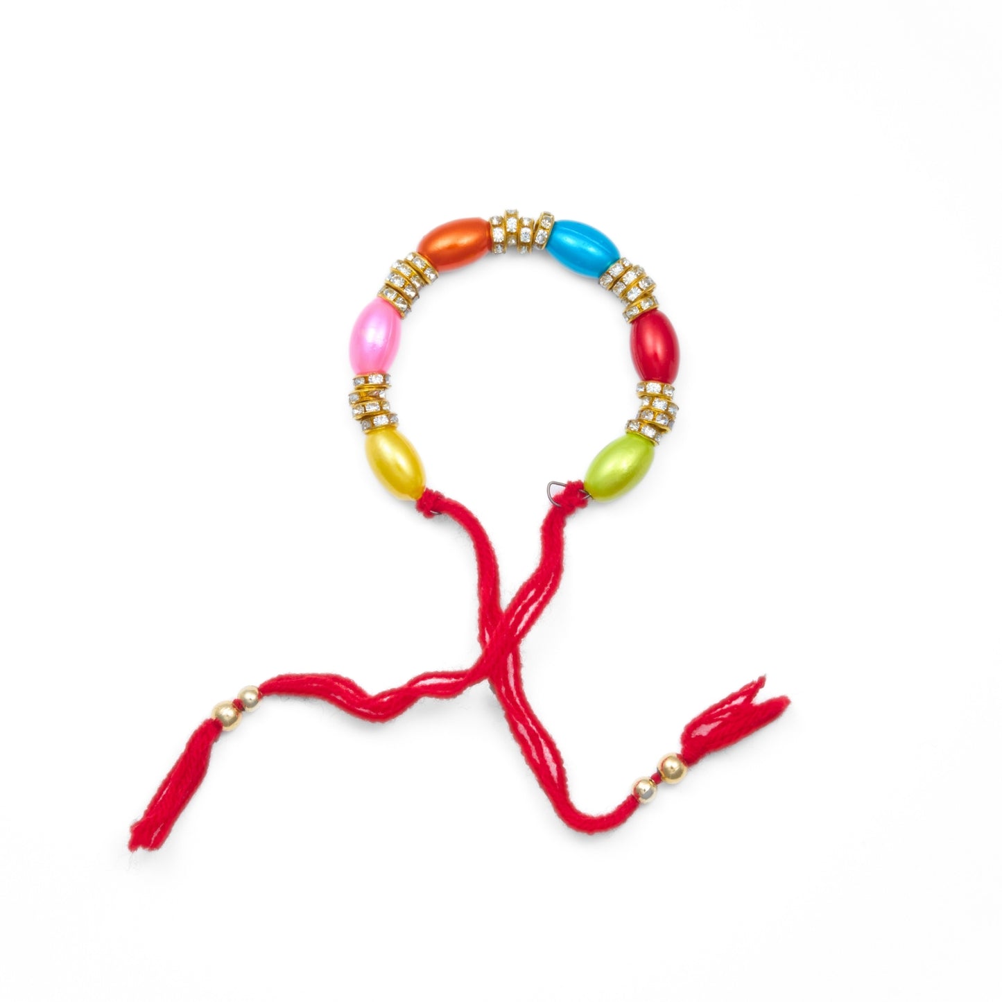 Bracelet Rakhi for Bhabhi with colourful oval beads and gold diamond spacers on red thread. Shipping from Sydney and Australia Wide Delivery
