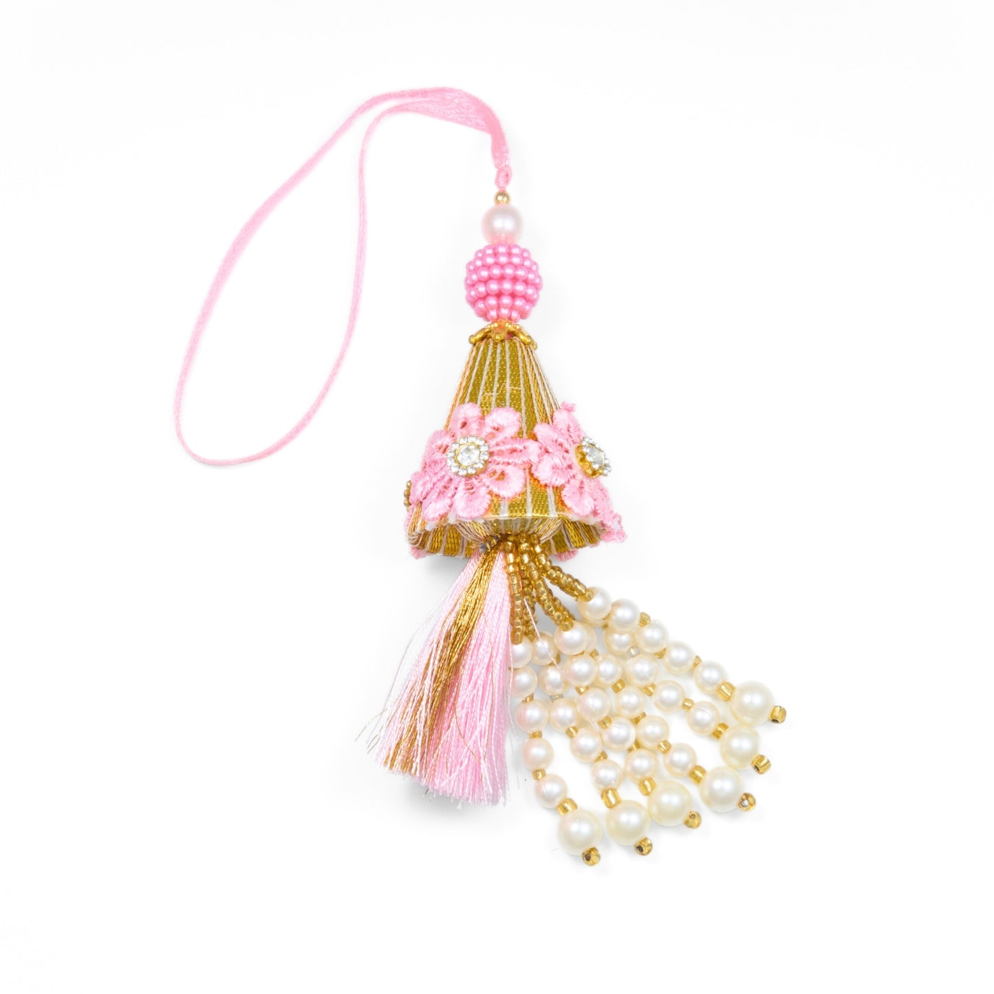Lumba Rakhi online โ pink floral rakhi with tassels and pearls for bhabhi. Delivery anywhere in Australia