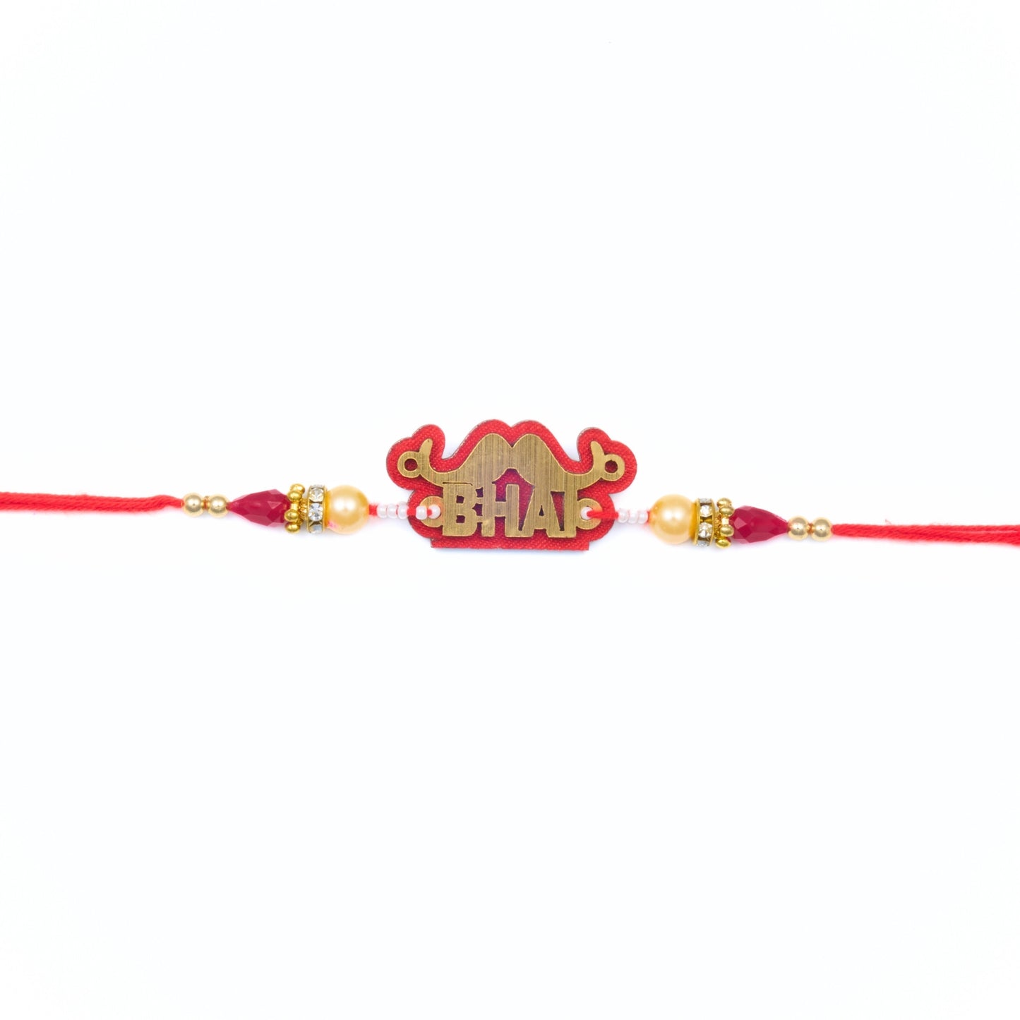 Moustache-themed Rakhi for Bhai with red thread and gold wooden centre – Rakhi for Bhai Australia