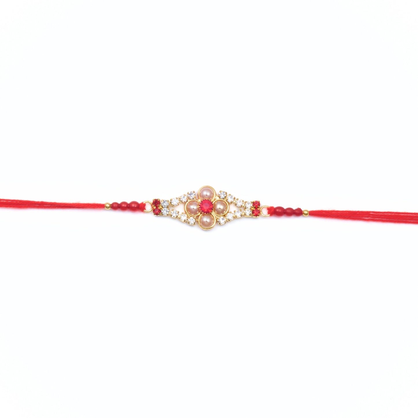 Red stone pearl Rakhi with floral centre and red thread – Send Rakhi to Australia