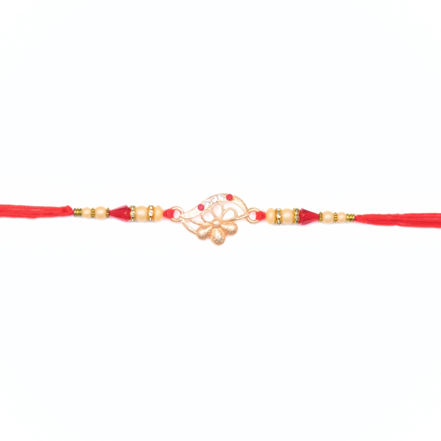 Floral paisley Rakhi with red thread and soft gold colour beads – Rakhi for younger brother