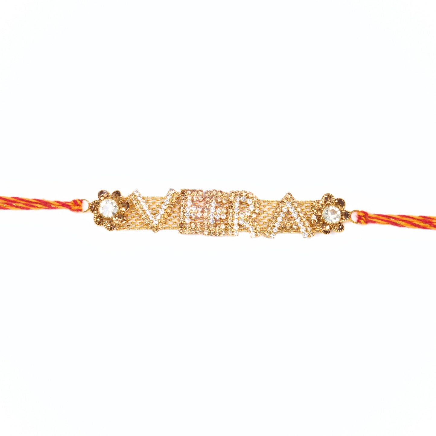 Veera Rakhri with gold finish and rhinestones on red-yellow thread – Rakhri for Brother