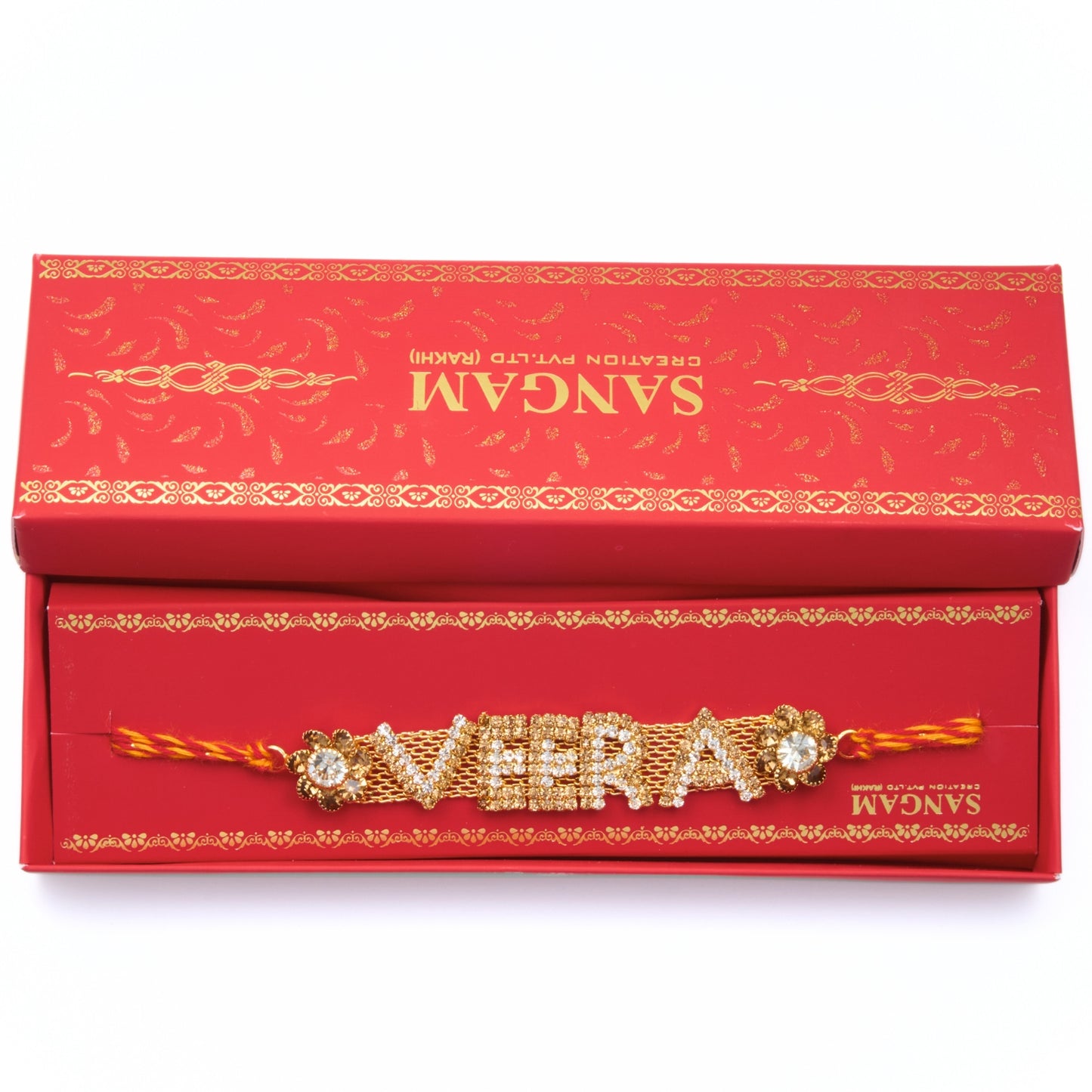 Veera Rakhri with gold finish and rhinestones on red-yellow thread in a beautiful box – Rakhri for Brother