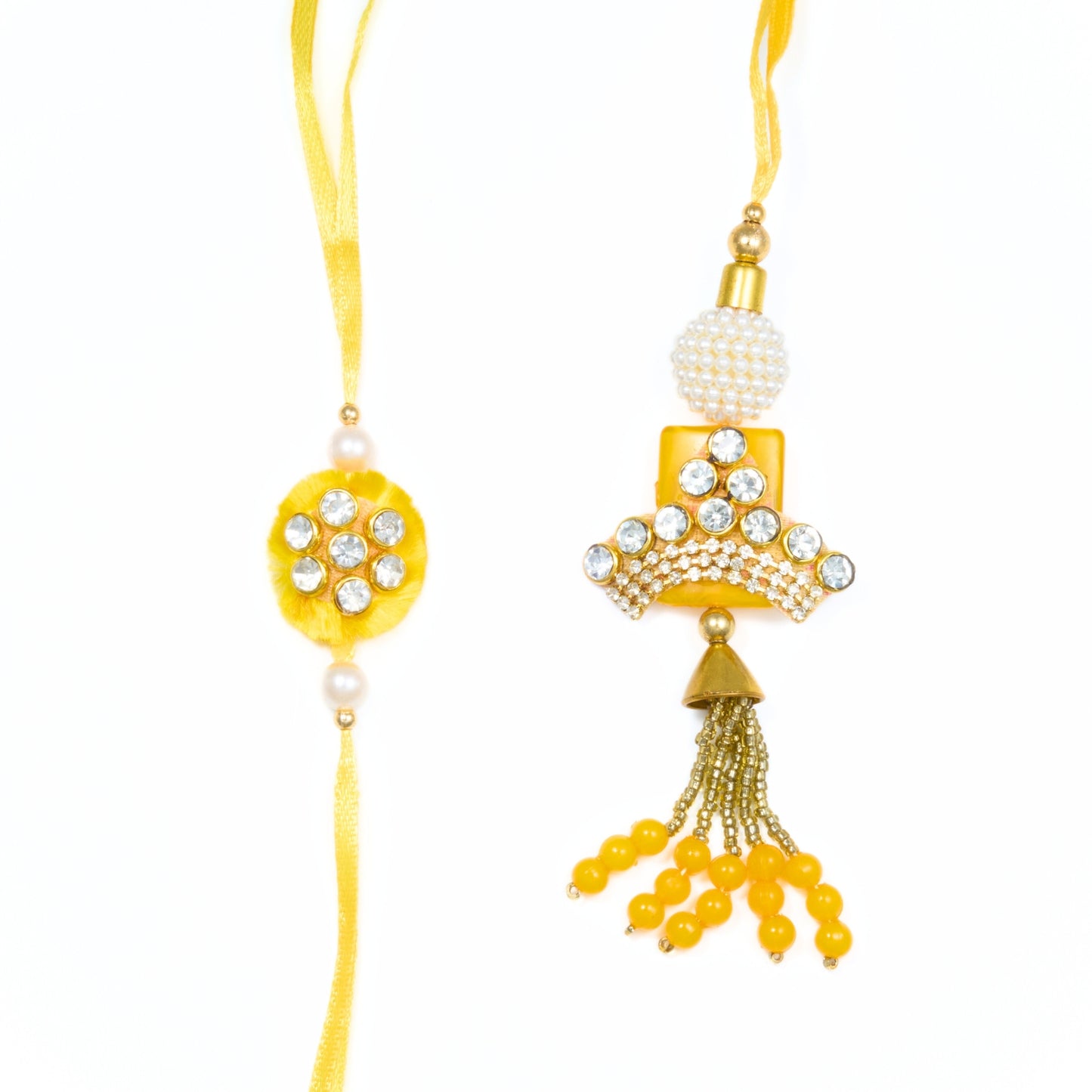 Yellow and gold rakhi gift set for bhaiya bhabhi with stones and tassels – perfect for Raksha Bandhan.