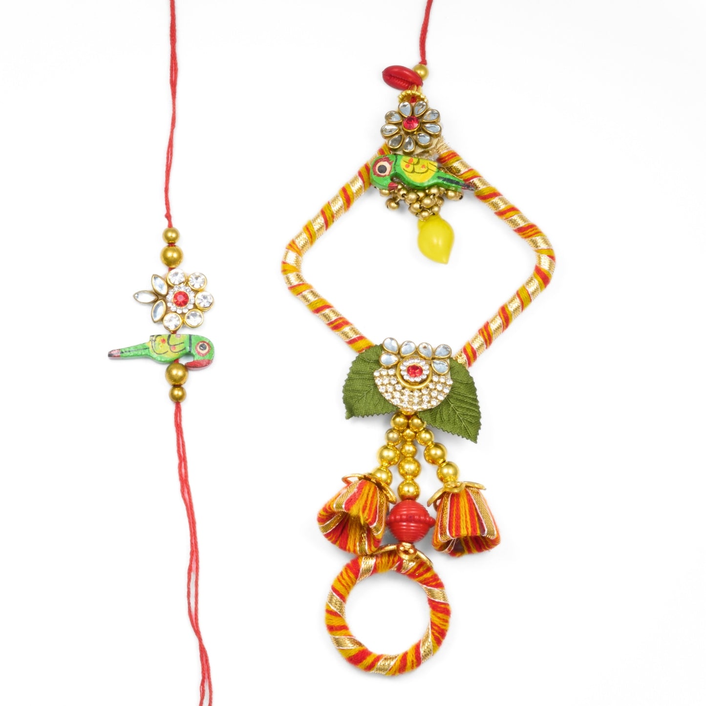 Ethnic Parrot-Themed Rakhi for Brother and Bhabhi in Red and Yellow