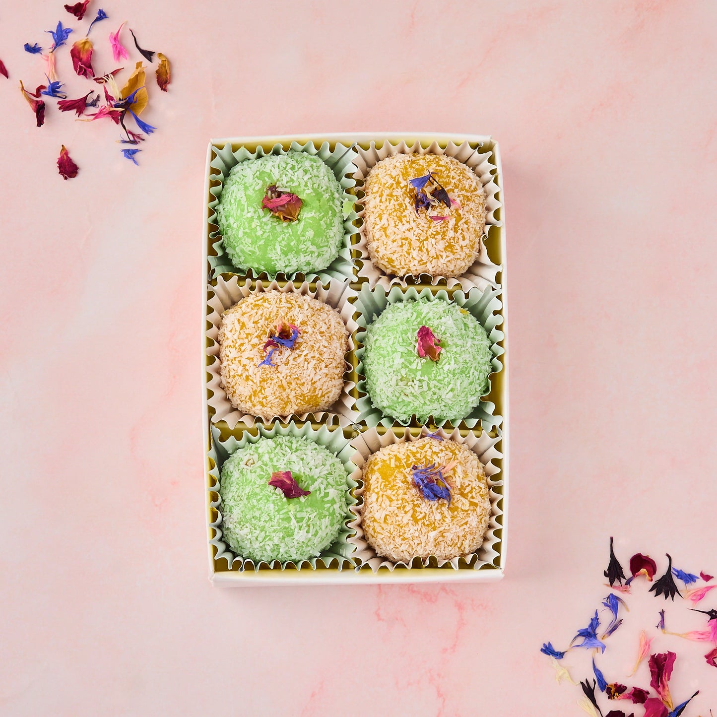 6 piece Assorted Coconut Laddoo Gift Box with Mango Coconut and Rose Gulkand flavours for sweet gifting in Australia