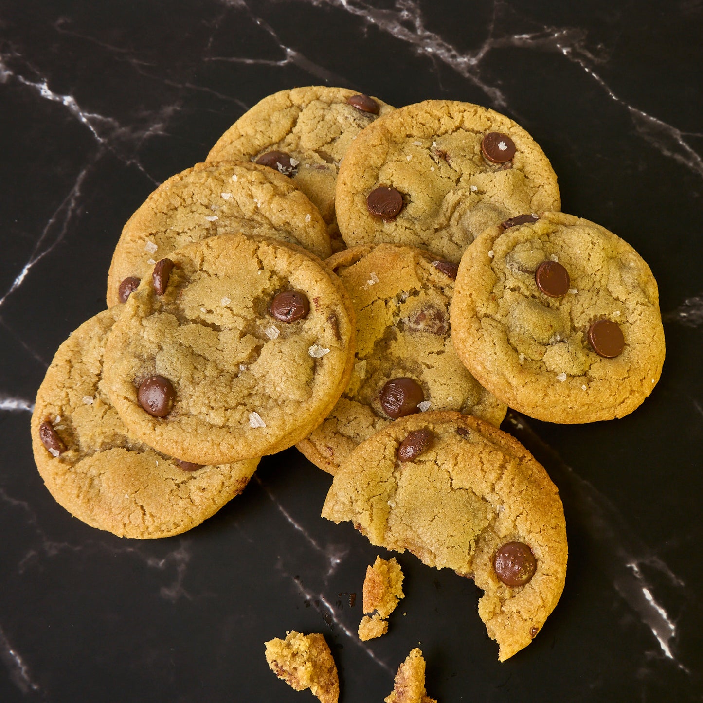Close-up of choco chip cookies with dark chocolate and crisp edges