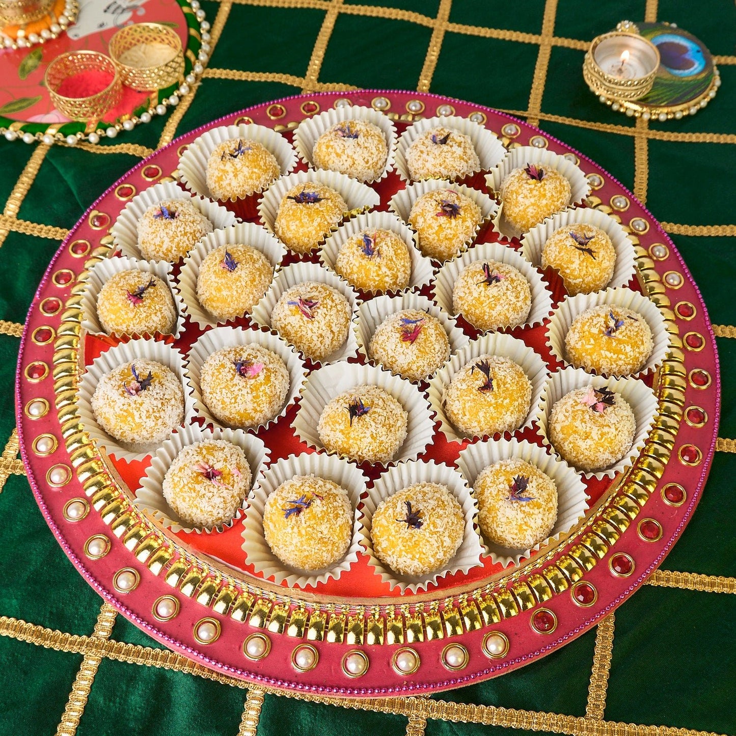 Mango Coconut Laddoo platter tray arranged for celebration, premium sweet presentation for events in Australia