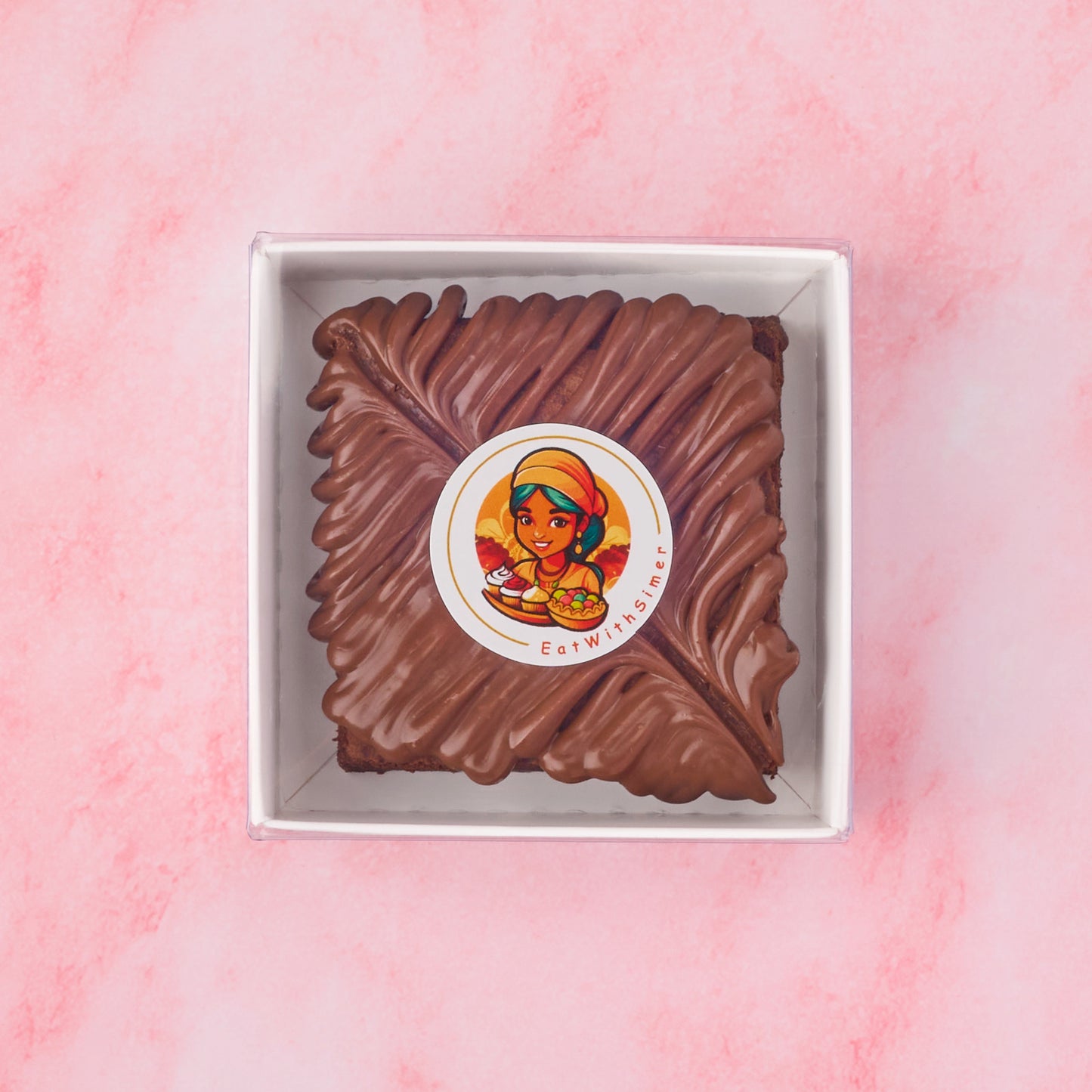 Mini chocolate brownie dessert box top view in white gift packaging, modern chocolate favour suitable for hampers and guest gifting in Australia