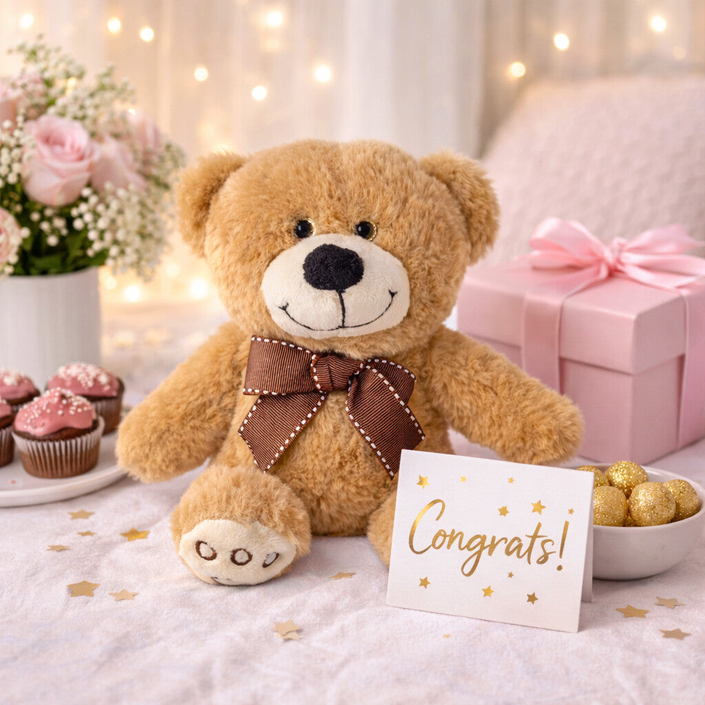 Soft teddy bear gift add-on for hampers and gift boxes, 19 cm plush teddy suitable for romantic and festive gifting