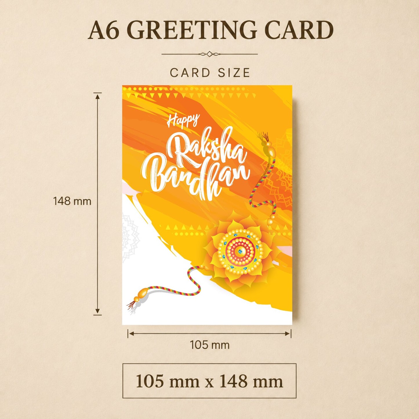 A6 portrait Raksha Bandhan greeting card size guide showing 105 mm x 148 mm