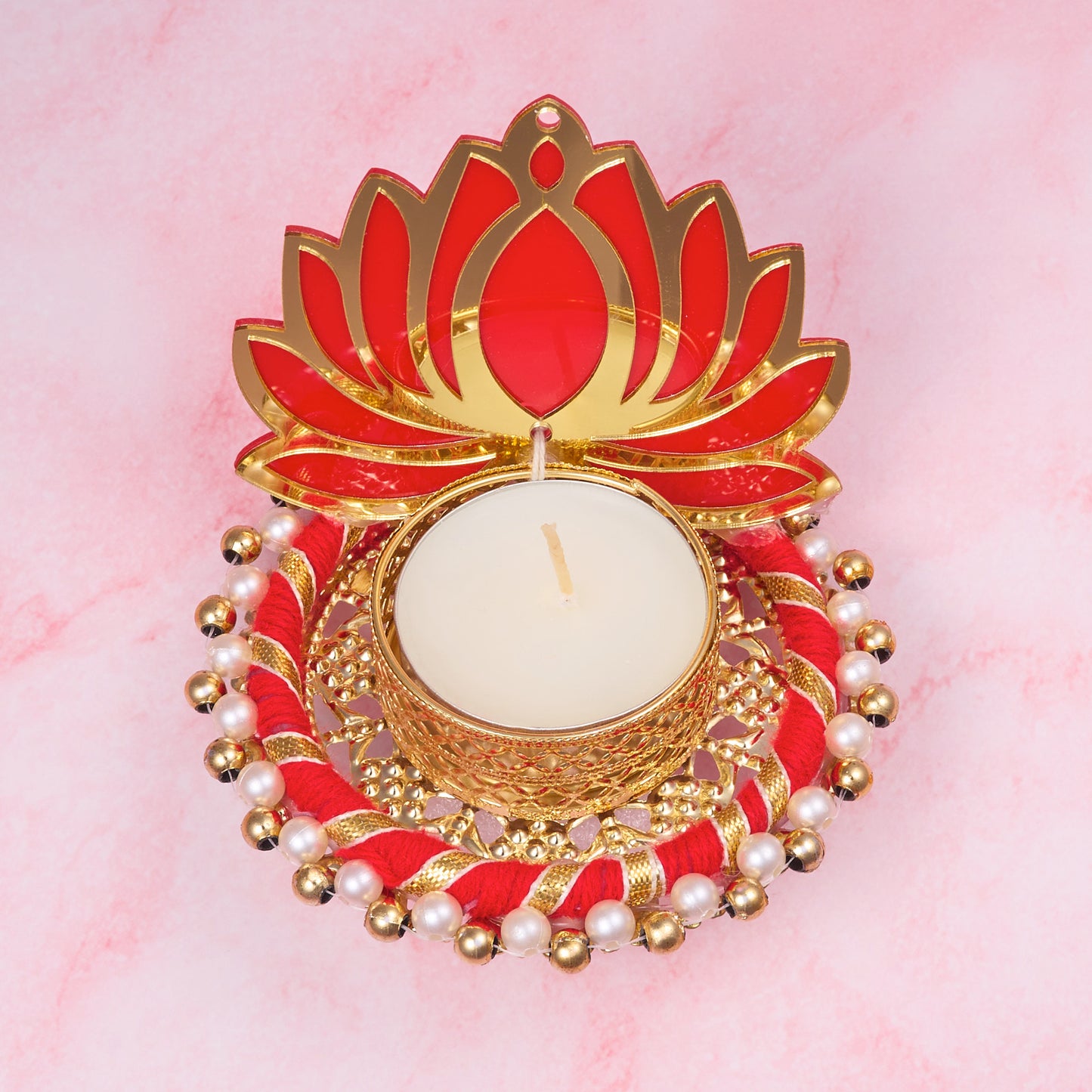 Red lotus tealight holder with gold and pearl decorative details