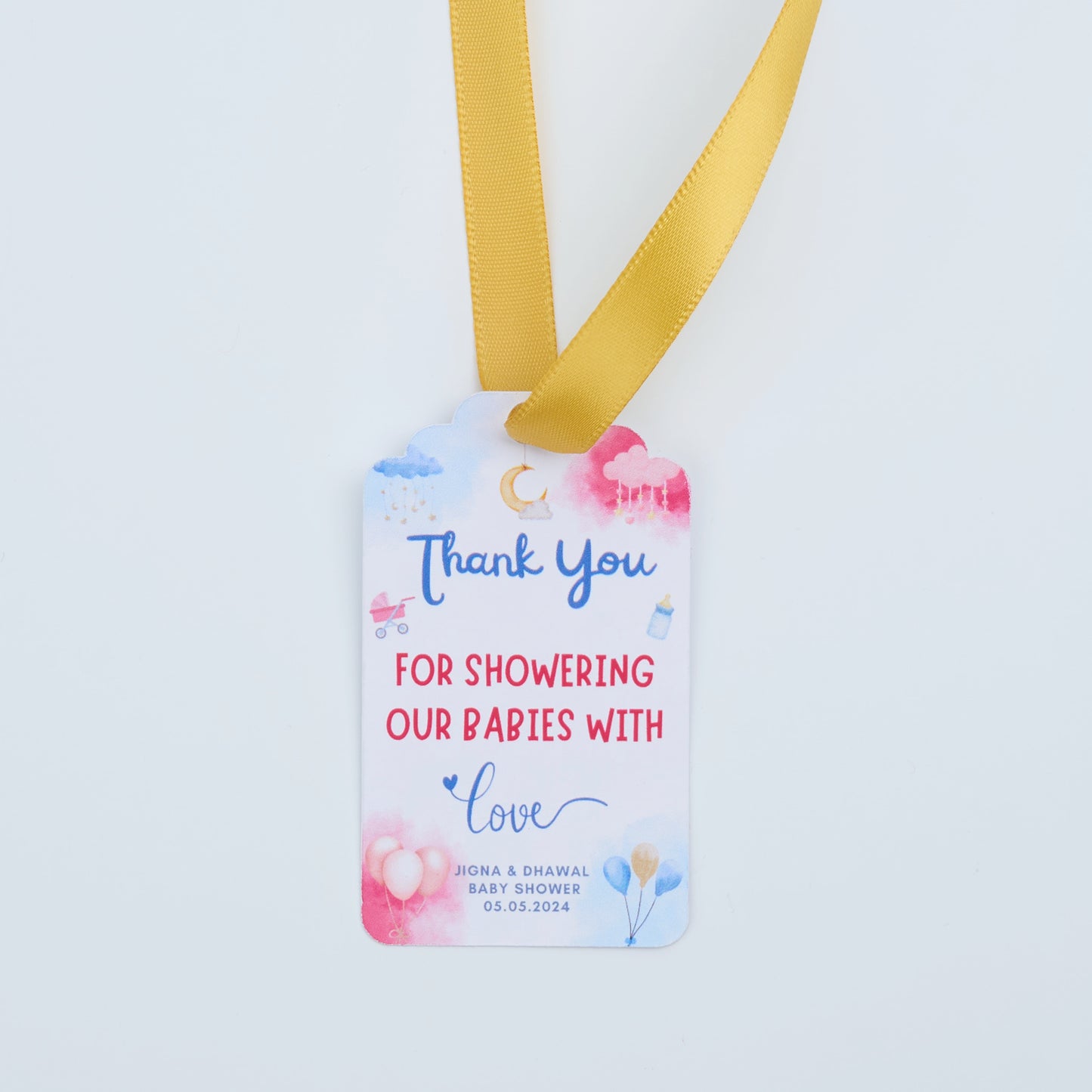 Thank you event gift tag with ribbon used on Indian sweet return gift boxes for weddings baby showers and housewarming celebrations Australia