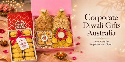 Corporate Diwali gifts Australia banner featuring Diwali sweet hamper, nankhatai gift box and festive packaging for employees and clients
