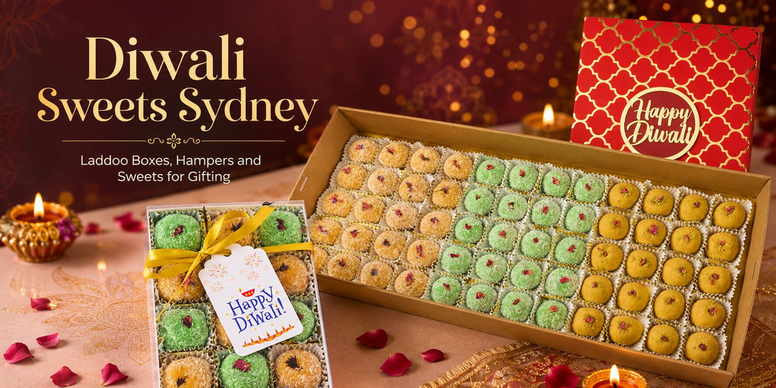 Diwali sweets in Sydney with laddoo gift box, assorted Indian sweets platter and red Happy Diwali gift box