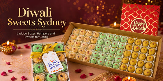 Diwali sweets in Sydney with laddoo gift box, assorted Indian sweets platter and red Happy Diwali gift box