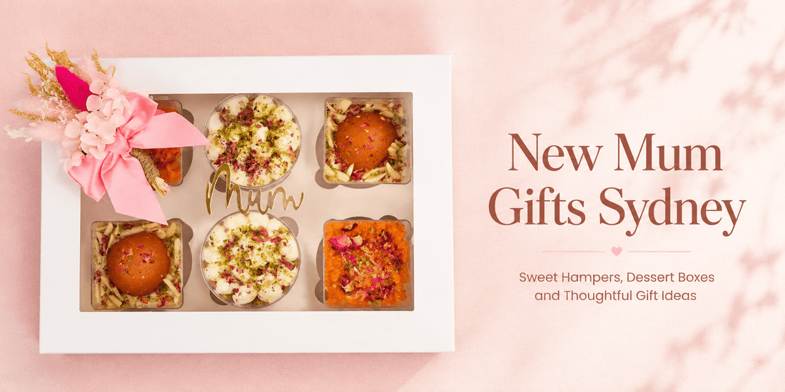 New mum gift dessert box in Sydney with eggless Indian dessert cups and gold mum charm