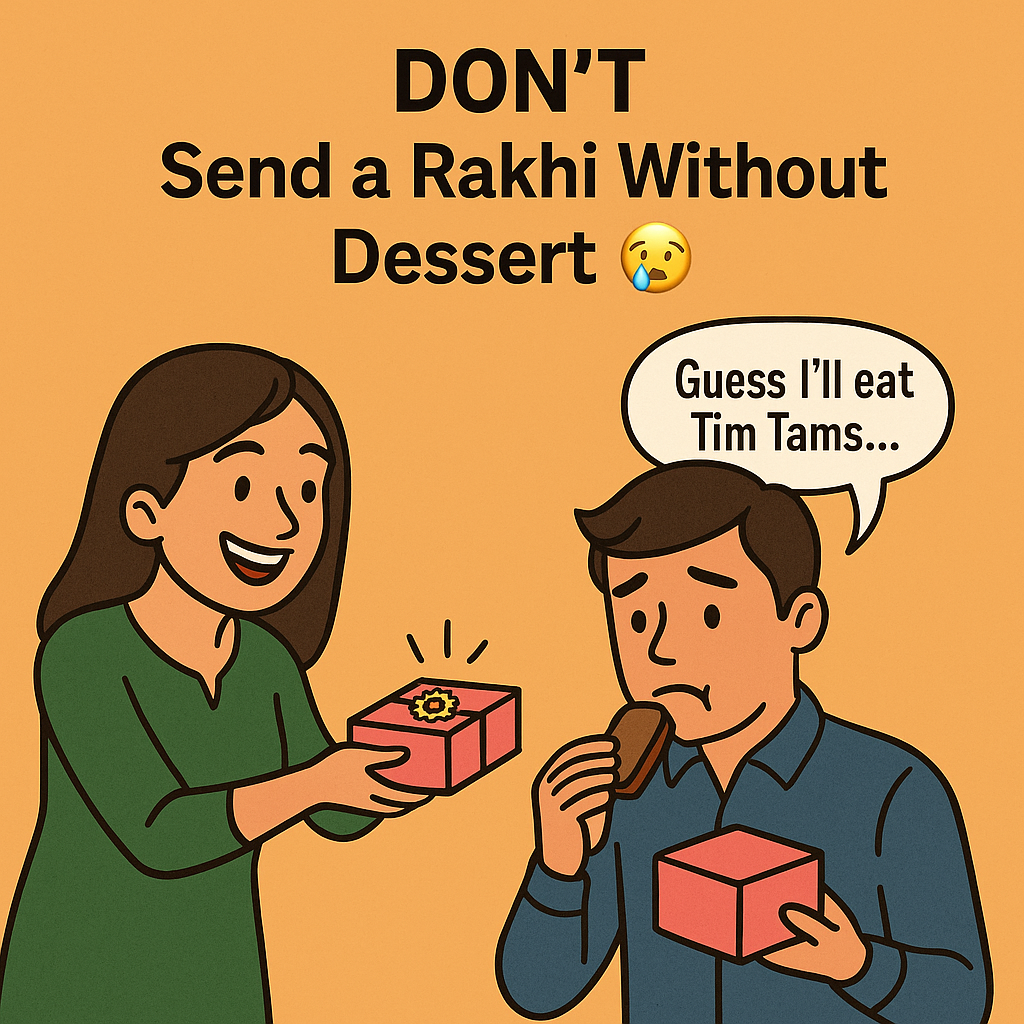 Sending Rakhi to your Bhai in Australia? Avoid these common gifting mistakes and discover sweet, stress-free tips to nail Rakhi delivery online. Hampers & sweets by EatWithSimer 🇮🇳✈️🇦🇺