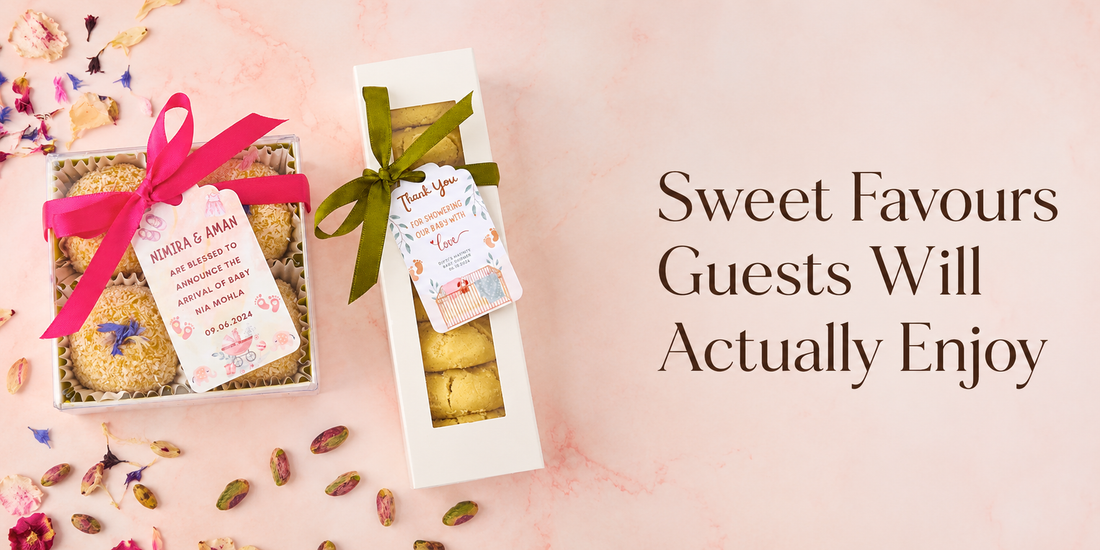 Baby shower return gift ideas Australia banner with laddoo gift box and nankhatai favour box styled for edible baby shower favours and Australia-wide gifting
