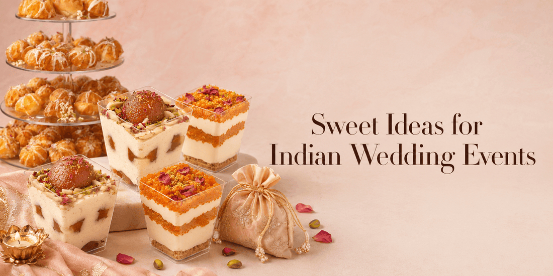 Indian wedding desserts Sydney banner with eggless dessert cups, mini Gulab Jamun Cakes tower and potli return gift for Mehndi, Sangeet and reception events.