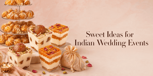 Indian wedding desserts Sydney banner with eggless dessert cups, mini Gulab Jamun Cakes tower and potli return gift for Mehndi, Sangeet and reception events.
