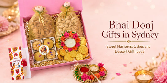 Bhai Dooj gifts in Sydney with sweet hamper, roli chawal pack, tika platter and festive diya