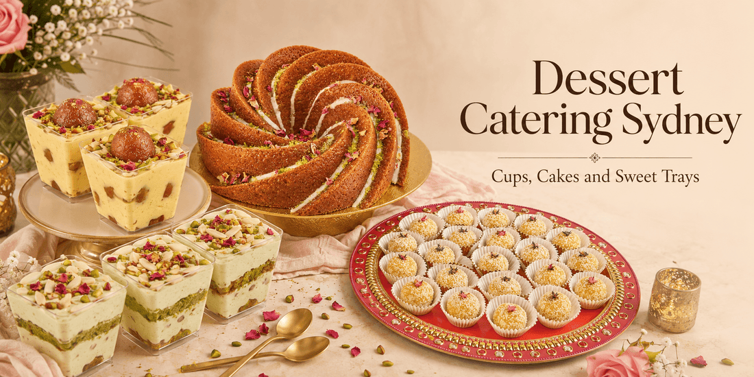 Dessert catering Sydney setup with Indian dessert cups, eggless cake and sweet tray for events