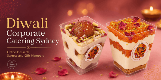 Diwali corporate catering in Sydney with Gulab Jamun Rabdi and Motichoor Cheesecake dessert cups for office celebrations