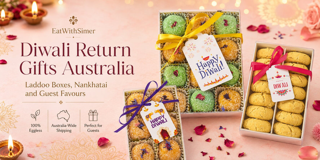 Diwali return gifts in Australia with laddoo boxes, Nankhatai gift box and festive Happy Diwali tags