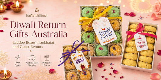Diwali return gifts in Australia with laddoo boxes, Nankhatai gift box and festive Happy Diwali tags