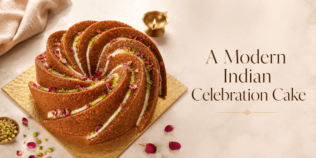 Gulab Jamun Cake Sydney banner with eggless Indian celebration cake, pistachio, rose petals and warm premium styling for birthdays and gifting.