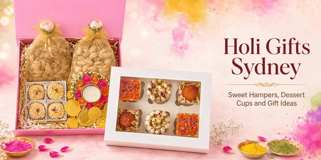 Holi gifts in Sydney with sweet hamper, dessert cups, Indian sweets and colourful festive background