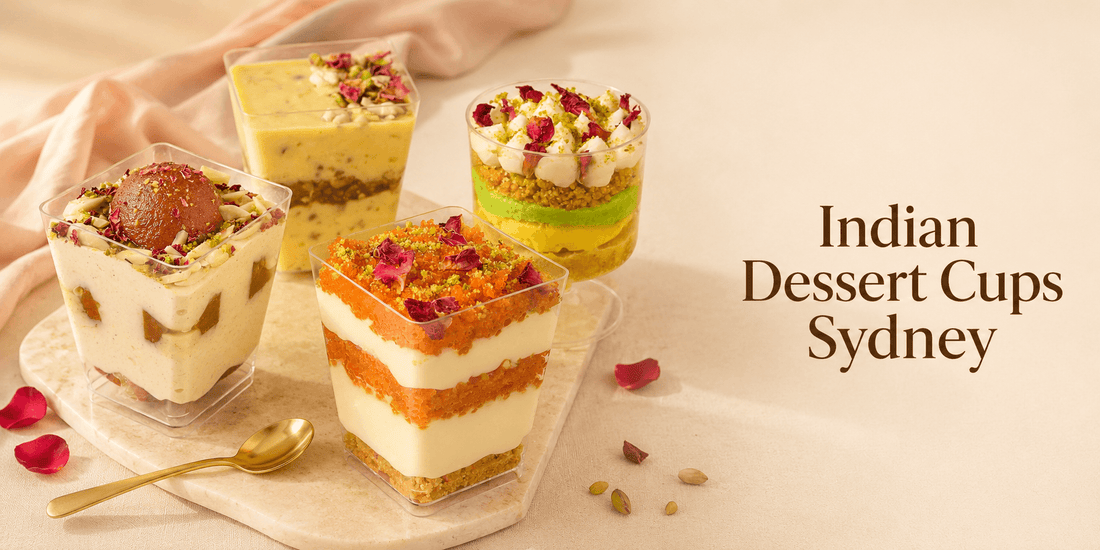 Indian dessert cups Sydney banner with eggless rasmalai, gulab jamun, kheer and motichoor dessert cups for events.