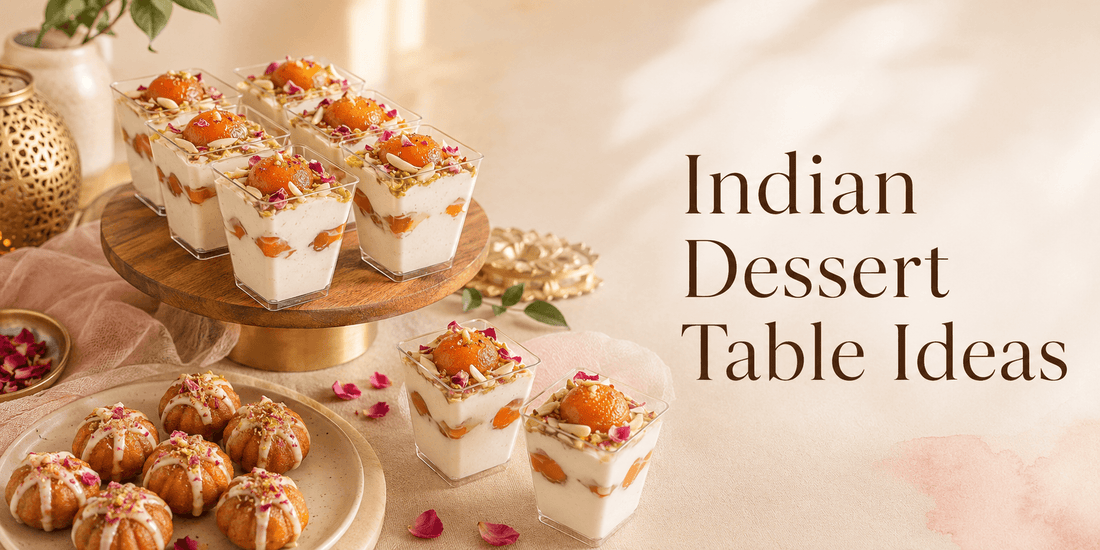 Indian dessert table ideas banner with eggless dessert cups, mini Gulab Jamun Cakes and warm premium styling for Sydney celebrations.