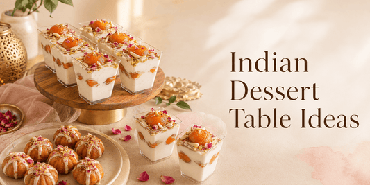 Indian dessert table ideas banner with eggless dessert cups, mini Gulab Jamun Cakes and warm premium styling for Sydney celebrations.