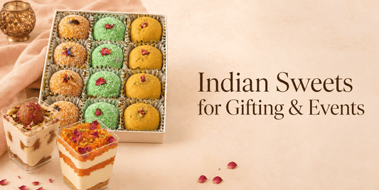 Indian sweets Sydney banner with assorted laddoo gift box and Indian dessert cups for gifting, events and planned celebrations.