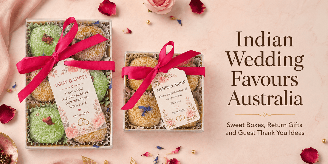 Indian wedding favour boxes with ribbons and personalised tags for return gifts and guest thank you gifts in Australia