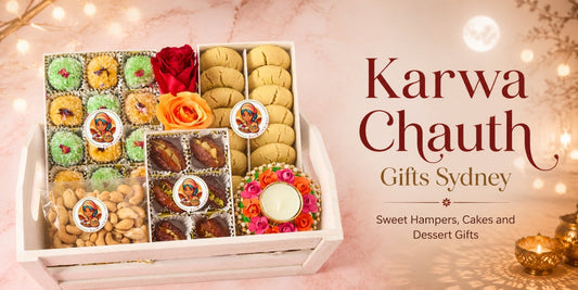 Karwa Chauth gifts in Sydney with Indian sweet hamper, sweets, nuts, dates, cookies and festive diya