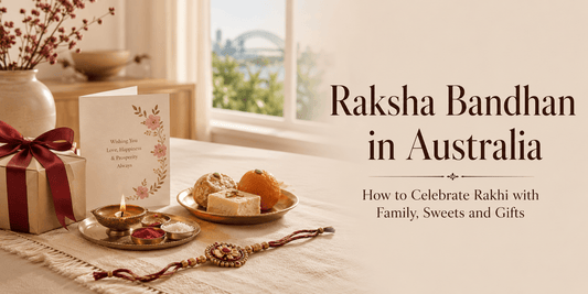 Raksha Bandhan in Australia setup with Rakhi, roli chawal, sweets, gift box and Sydney Harbour view