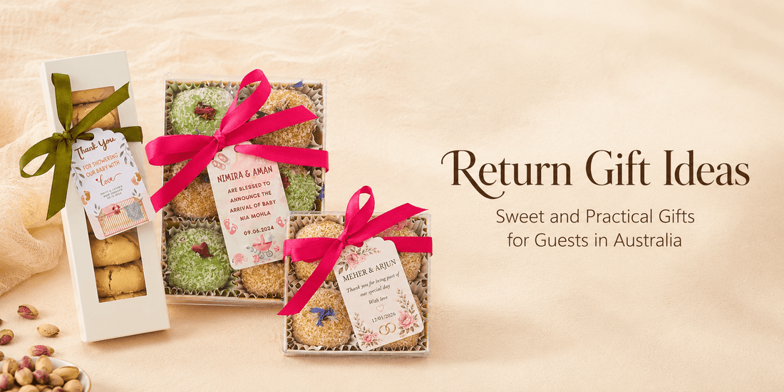 Return gift ideas for Indian celebrations in Australia with laddoo boxes, nankhatai and sweet guest gifts