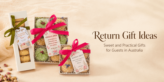 Return gift ideas for Indian celebrations in Australia with laddoo boxes, nankhatai and sweet guest gifts
