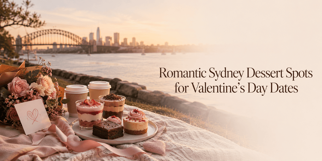 Romantic Sydney Harbour dessert date setup with dessert cups, brownies, flowers and Valentine card at sunset