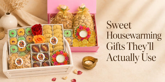 housewarming gift hampers with Indian sweets, nuts, cookies and decorative diya styling for Grah Pravesh and housewarming gifting in Australia