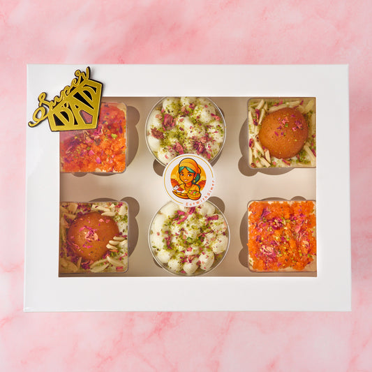 Father’s Day gift dessert cups – Indian fusion eggless assorted box with black and gold Super Dad charm, Sydney