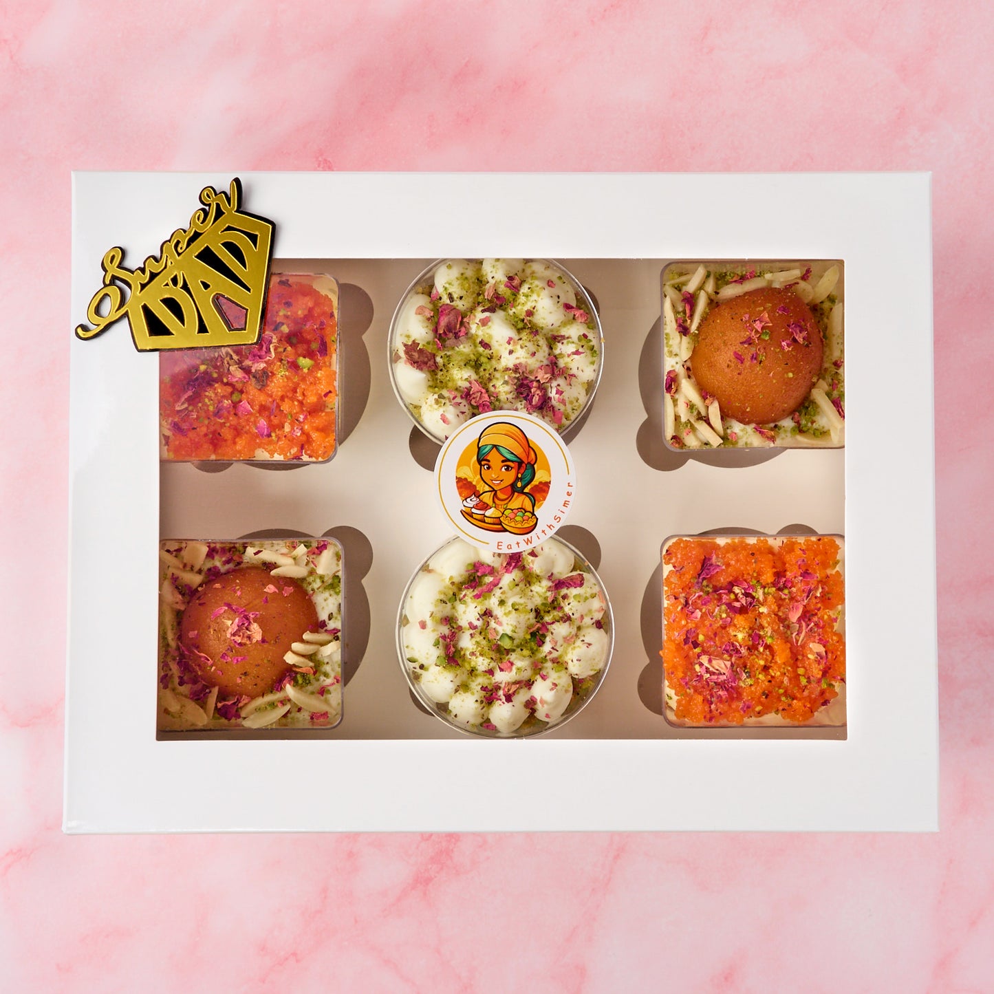 Father’s Day gift dessert cups – Indian fusion eggless assorted box with black and gold Super Dad charm, Sydney