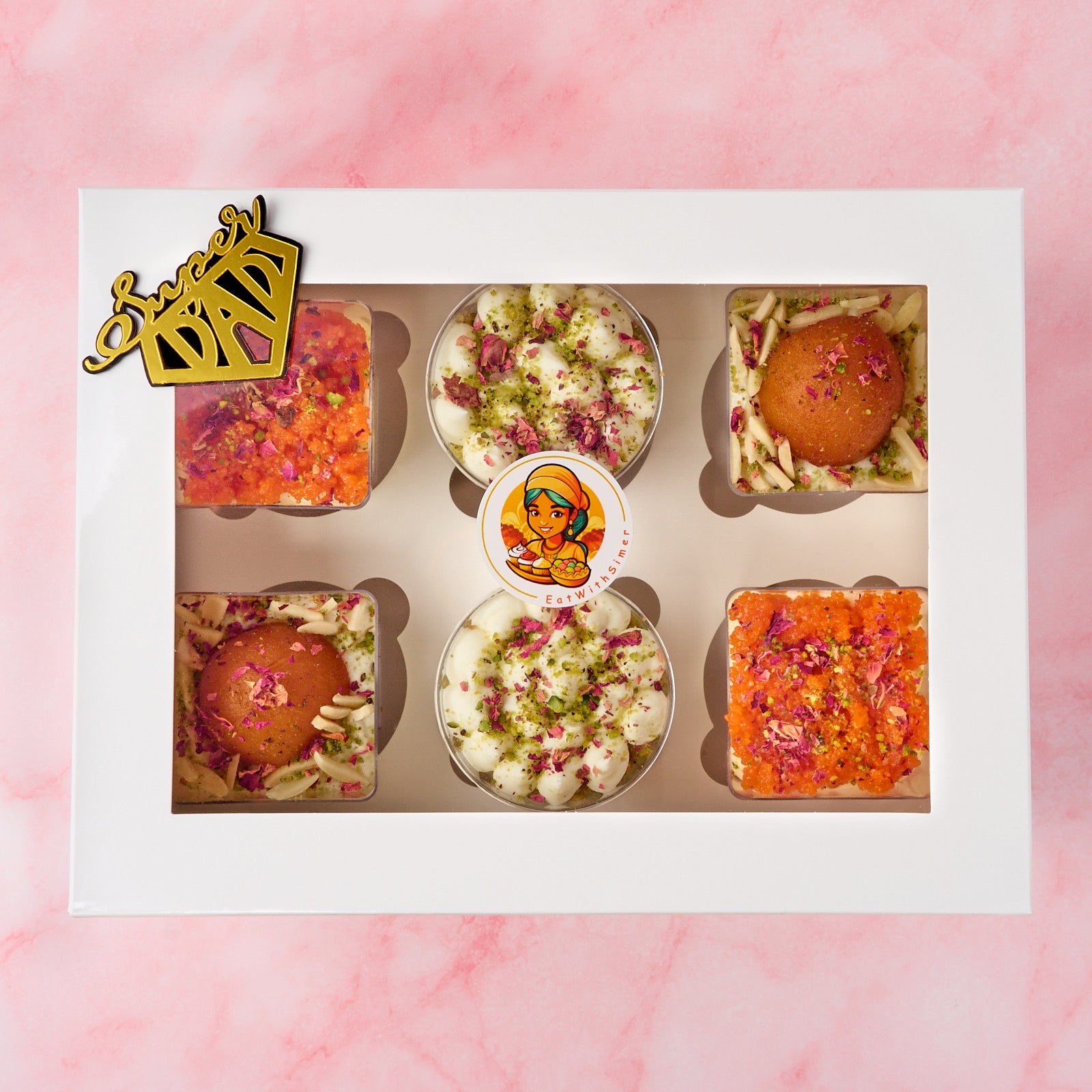 Father’s Day gift dessert cups – Indian fusion eggless assorted box with black and gold Super Dad charm, Sydney